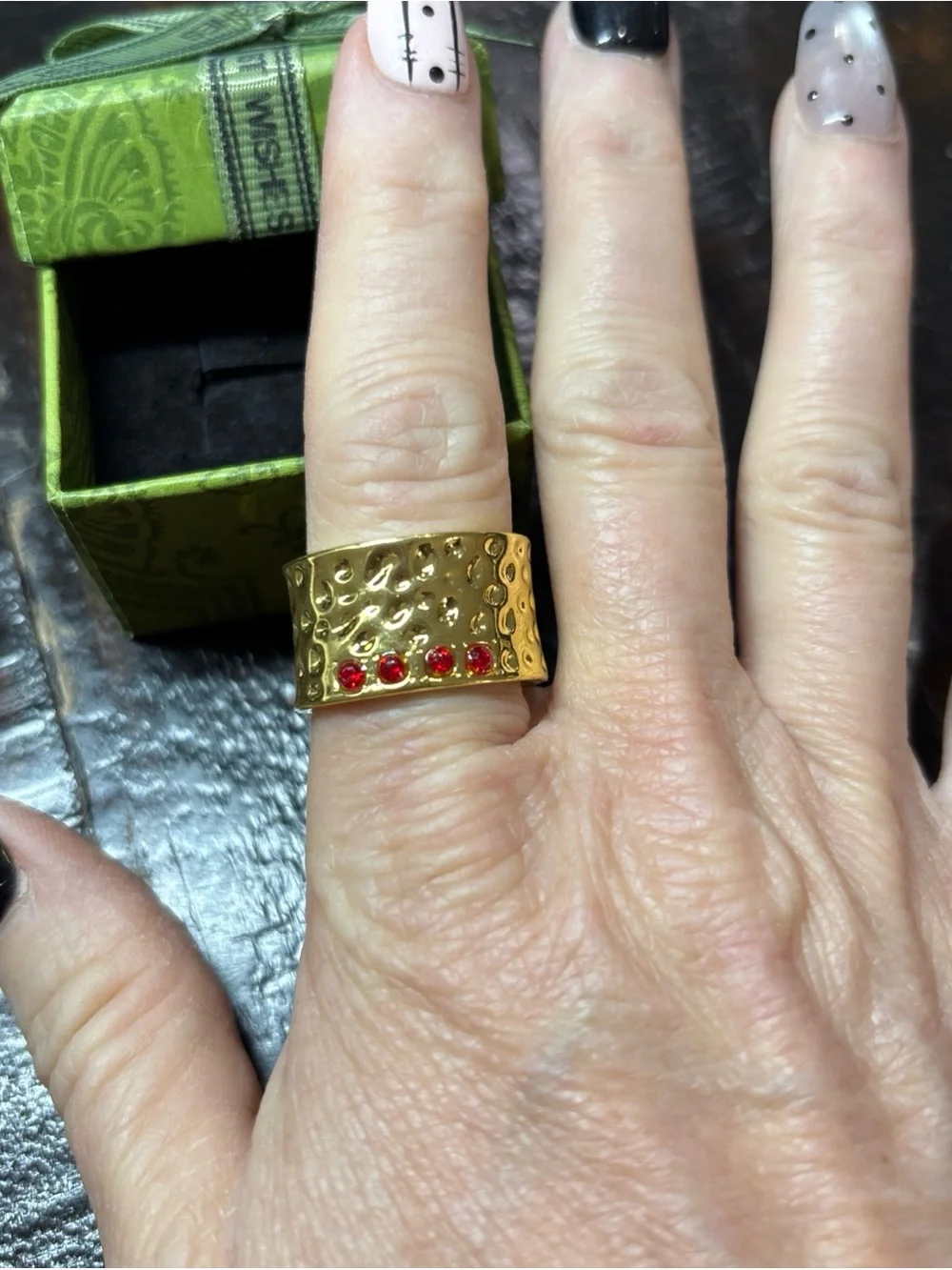 Gold Hammered Wide Band Ring with Red Stones